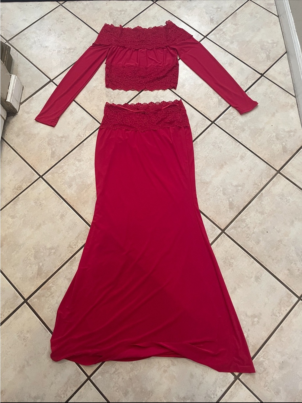Fashion Nova Crimson Off-Shoulder Lace Maxi Set